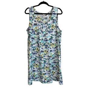 J.Jill Womens Tropical Beach Coastal Print Blue Sleeveless Linen Shift Dress XLP